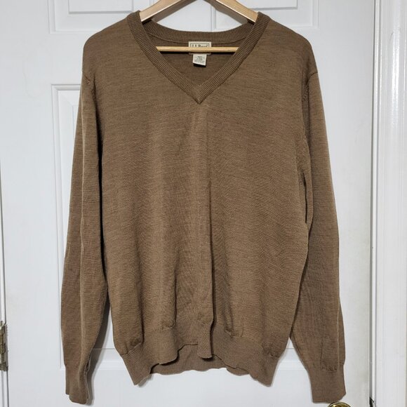 L.L. Bean Tan Brown V-Neck Merino Wool Sweater - Picture 1 of 12
